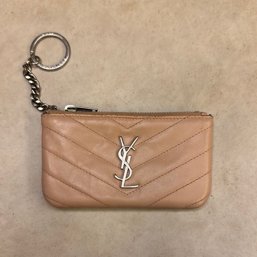 YSL Quilted Leather Keychain Wallet in Nude
